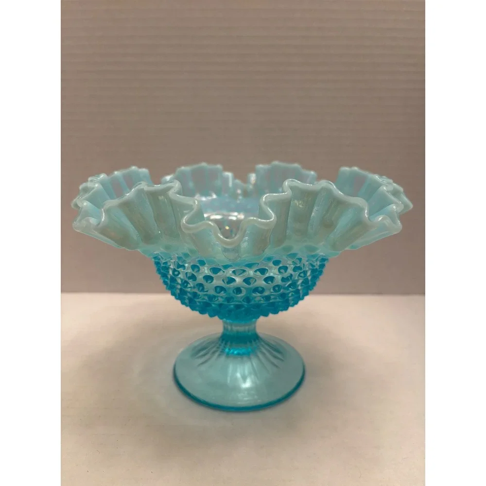 Fenton Blue Opalescent Hobnail Glass Ruffled Compote Pedestal‎ Candy Dish 8